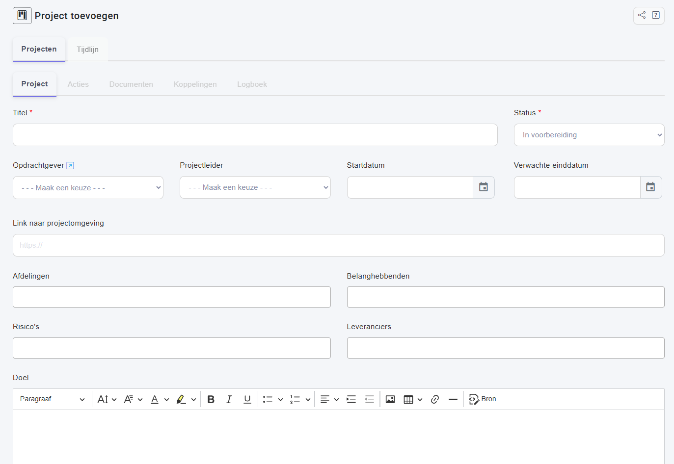 Formulier Project toevoegen met velden voor titel, doel, scope, opdrachtgever, projectleider, datums en status